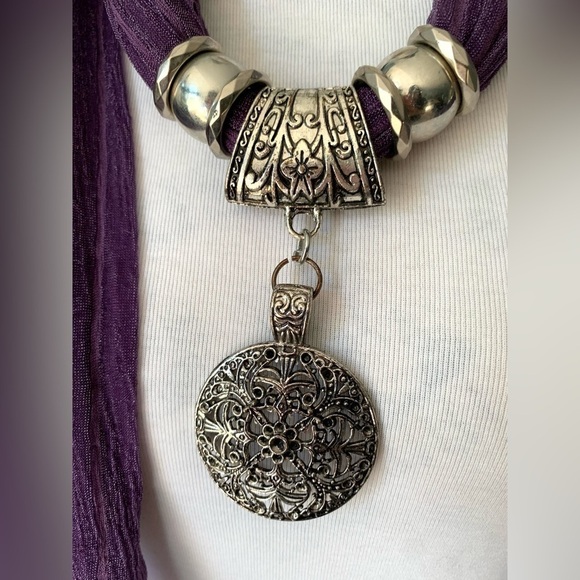 Women’s Purple and Silver Embellished Circle/Floral Lightweight Scarf - Picture 2 of 4